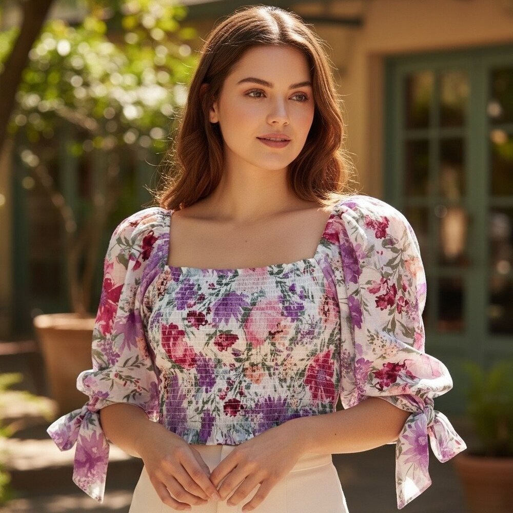Express Floral Smocked Square Neck Tie Sleeve Top Romantic Boho Cottagecore M
